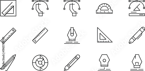 Professional Graphic Design Line Icon Set Featuring Rulers, Protractors, Bezier Curves, Pen Tools, Brushes, And Drafting Equipment For Technical Illustrators.