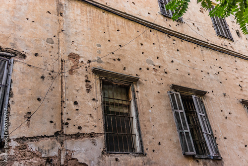 Bullet holes covered house in Beirut, Lebanon
