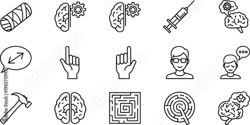 Comprehensive Mental Health Icon Set Featuring Human Brain Graphics, Psychology Research, Cognitive Science, Medical Syringes, Maze Logic, Brainstorming, and Therapy Symbols