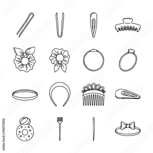 Assorted Hair Accessories Collection Line Art Icons Vector Set