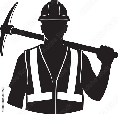 Mining worker silhouette, industrial miner icon, black and white construction worker, laborer with pickaxe