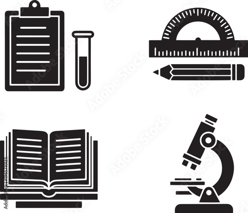 Science and education icons set, black laboratory microscope and test tube symbols, school stationery with protractor and book vector illustrations