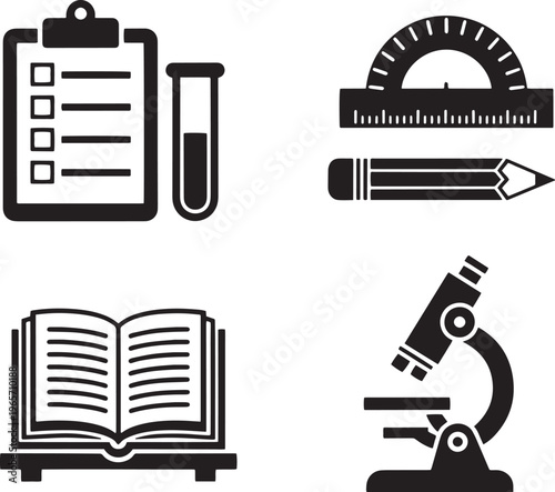 Science and education icons set, black flat vector symbols of microscope and test tube, school supplies with book and protractor for learning