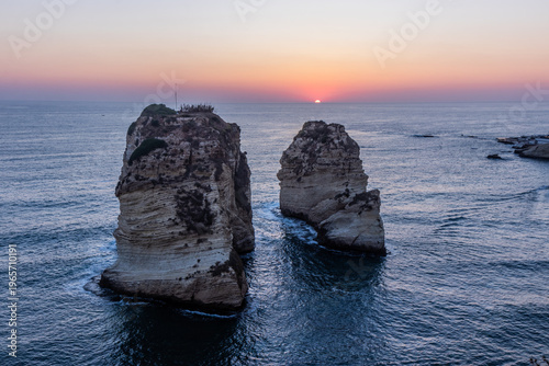 Sunset view of Pigeon (Al Raouche) Rocks in Beirut, capital of Lebanon