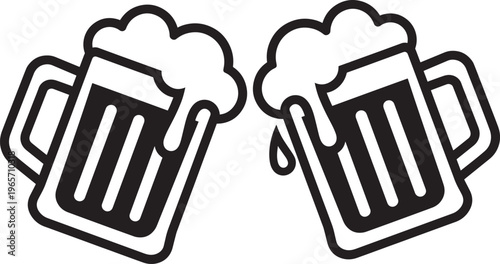 Beer Mugs, Foamy Beer Glasses, Black and White Icons, Vector Beer Symbols