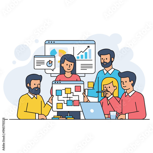 Team collaborating on project planning around laptop in office. non editable strokes