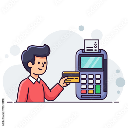 Man tapping card on payment terminal at checkout counter. non editable strokes