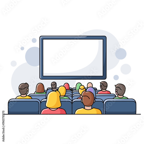 Audience seated watching presentation on large screen in theater. non editable strokes