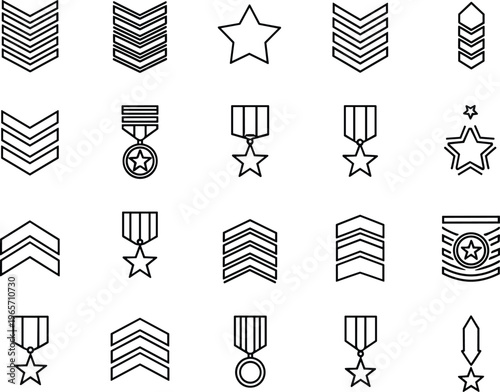 Military Rank Icon Set Featuring Army Chevrons, Navy Medals, Officer Stars, Merit Awards, Achievement Ribbons, Sergeant Stripes, and Professional Commendation Graphics