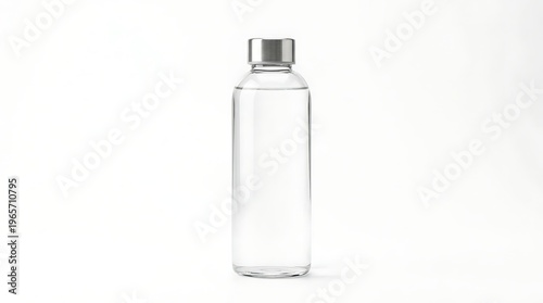 Clear glass water bottle with silver cap on white background for hydration and refreshment concepts