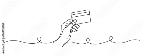 Hand holding credit card above wavy line minimalist background. No editable stroke