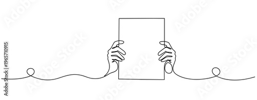 Hands holding blank sheet centered on continuous line illustration. No editable stroke