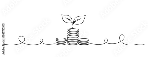 Coin stacks with sprouting plant growing in continuous line. No editable stroke