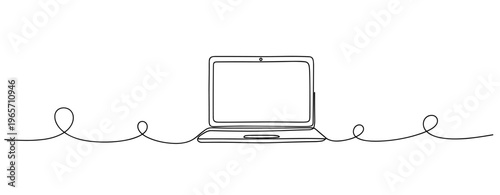 Laptop computer centered on continuous line depicting connectivity. No editable stroke