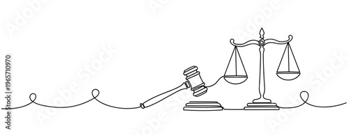 Scales of justice and gavel representing law and judgment. No editable stroke