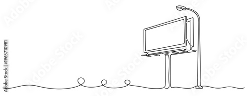 Outdoor billboard mounted beside streetlamp in continuous line drawing. No editable stroke