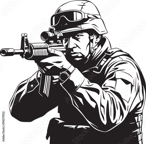 Military Sniper, Tactical Soldier, Black and White Vector, Gun Illustration, Combat Ready