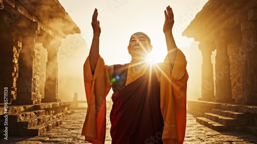 A person in a traditional robe stands with arms raised in an ancient temple at sunrise.