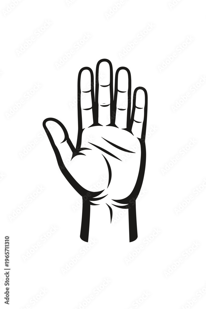Obraz premium Black and white illustration of a hand with palm facing forward and four fingers raised