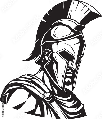 Spartan Warrior, Ancient Greek Helmet, Black and White Vector, Illustration