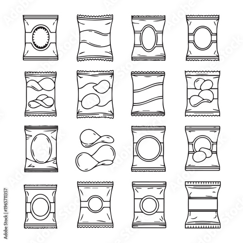Assorted Snack Packages and Potato Chips Line Art Isolated White Background Commercial Use
