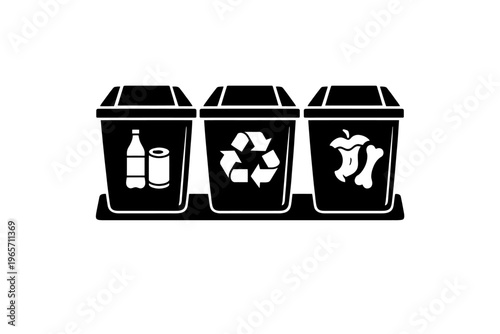 Three compartment waste sorting bins for recyclables, organics, and general trash with distinct icons on each bin for easy identification