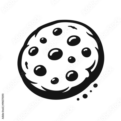A black and white illustration of a chocolate chip cookie with a bite taken out on a white background