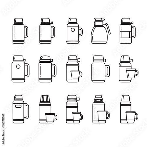Assorted Thermos Flasks and Mugs Collection Line Art Style Isolated on White Background