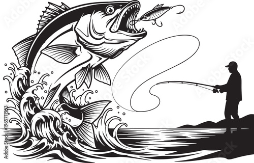 Vintage fishing vector illustration, jumping bass fish catching lure, fisherman silhouette with rod and splashing water, retro sport fishing graphic