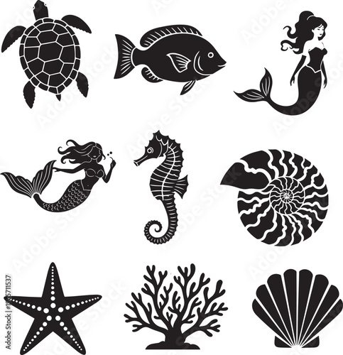 Black silhouette sea life collection, 9 marine animal vector icons, nautical mermaid and ocean creature set, underwater nature elements for summer design