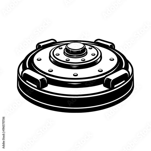 Black and white illustration of a metal brake rotor or disc with handles on both sides for easy lifting and installation purposes in automotive repair shops