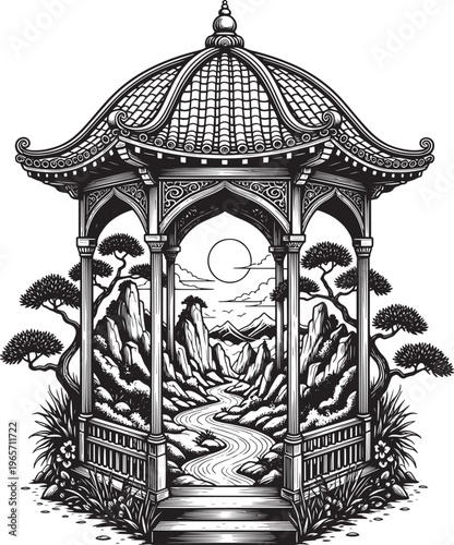 Vintage Japanese pagoda gazebo vector, traditional oriental garden landscape with bonsai trees and mountains, black and white zen architecture illustration