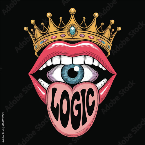 A whimsical crown-topped tongue with the word logic prominently displayed isolated on white background, Vector, illustration