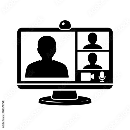 Black and white illustration of a computer screen displaying a video conference with four participants