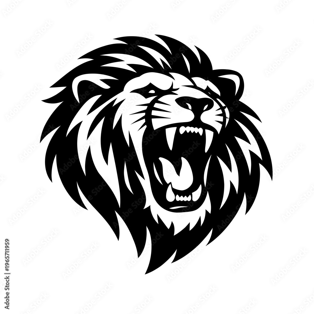 Fototapeta premium A fierce lion's head with an open mouth and sharp teeth on white background