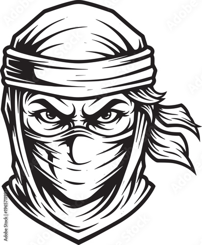 Ninja head vector illustration, masked shinobi warrior mascot with intense gaze, black and white martial arts assassin character for gaming logos