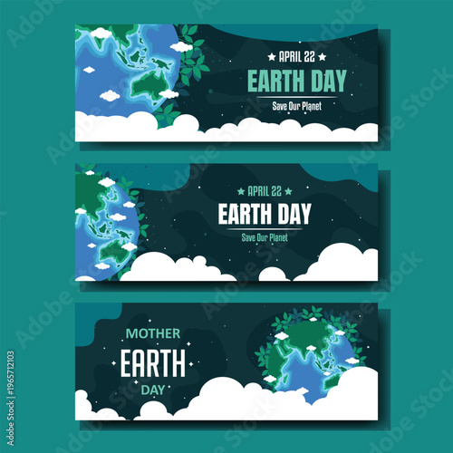 Earth day celebration banners with globe leaves and text designs