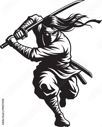 Japanese ninja warrior vector illustration, black and white shinobi assassin with katana sword, martial arts fighter mascot for gaming and sports