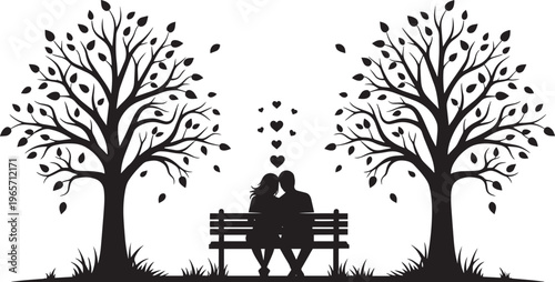Romantic couple silhouette sitting on park bench, black and white tree landscape with hearts, wedding and anniversary vector illustration