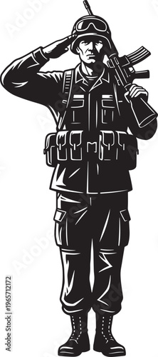 Military soldier saluting in uniform, brave infantry man with rifle and helmet, black and white tactical army veteran vector illustration