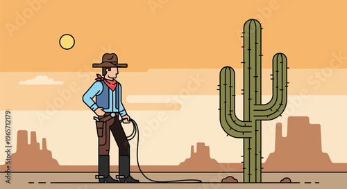 Western cowboy, desert landscape, cartoon illustration, vector graphics