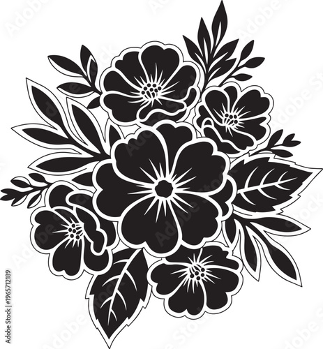 Vintage floral bouquet vector illustration, black and white flower silhouette, elegant botanical garden arrangement for wedding invitations and decor