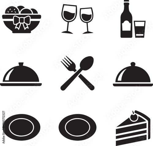 Minimalist restaurant dining icons set, black food and drink vector silhouettes, 9 catering and hospitality symbols for menu design and signage