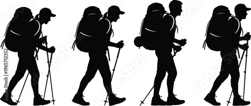 Black silhouette vector illustration of hikers walking with backpacks and trekking poles, outdoor adventure artwork, exploration concept, mountain travel design