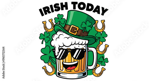 St. Patrick's Day Beer Mug with Green Top Hat and Shamrocks Vector Illustration
