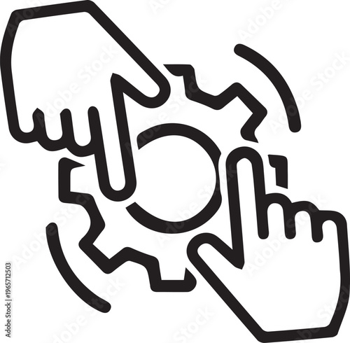 Minimalist gear and hands icon, black line art of mechanical cogwheel with pointing fingers, industrial process and teamwork concept vector