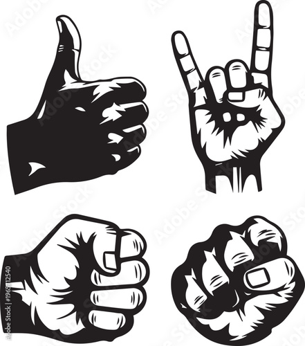 Vintage hand gestures vector set, black and white comic style human hands, thumbs up and rock on sign icons, clenched fist power symbols