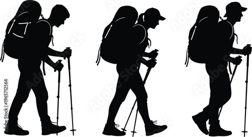 Black silhouette vector illustration of hikers walking with backpacks and trekking poles, outdoor adventure artwork, exploration concept, travel design