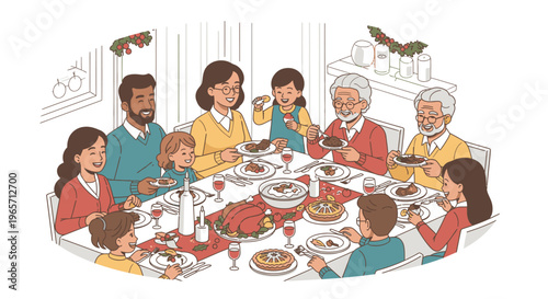 Family Gathering Around Dinner Table Illustration 1.