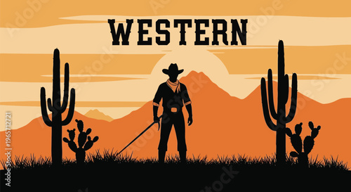 Western cowboy silhouette, desert landscape vector, orange sunset background, cactus illustration